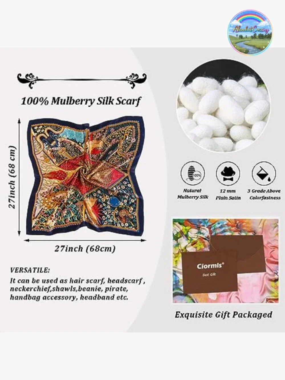 100% Mulberry Silk Square Scarf, Hair Head Scarf, Neckerchief